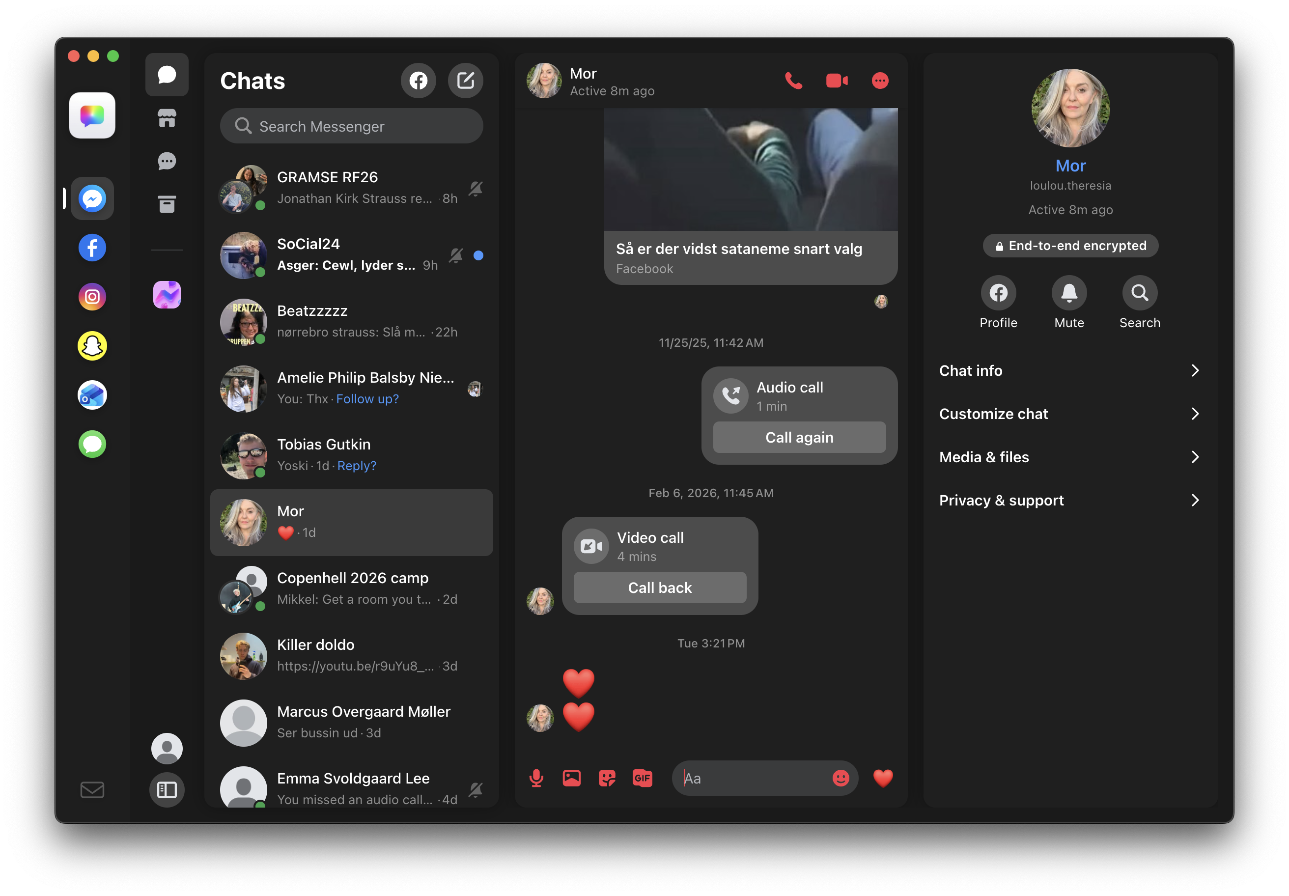 Samtal app — dark mode